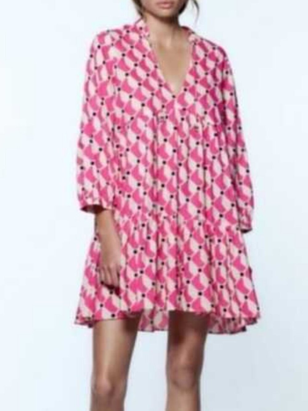 NWT - Retro Geometric tiered swing mini dress with balloon sleeves